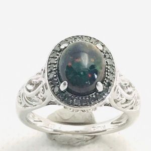 Lab Grown, Fiery Black Opal Silver Halo Ring, Size 8 3/4
